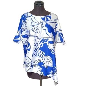 SZ10 Vera Neumann Asymmetrical Blouse Vintage Blue White Nautical Beach